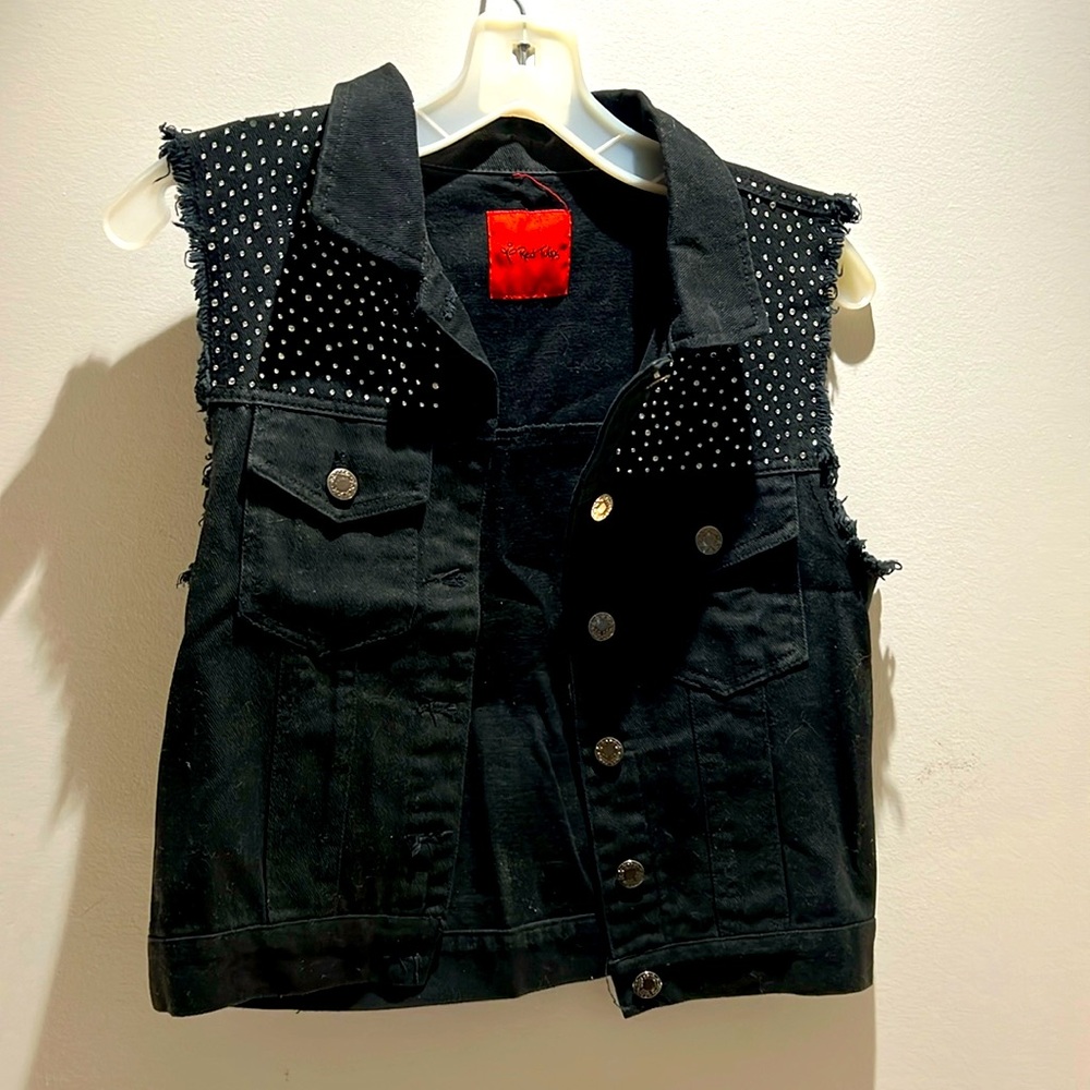 Red Tulips: black, studded, small, cotton, denim vest